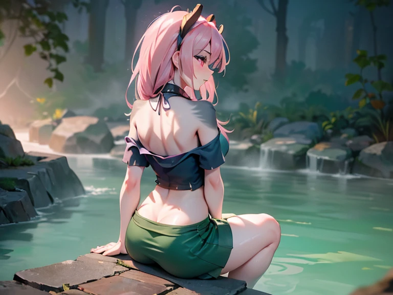 1girl, elf, breasts, moon, lantern, night, solo, very small breasts, hair ornament, wet, naked, wading, water, hair flower, flower, pink flower petals floating on water, outdoors, sky, full moon, rain, vibrant pink hair, pinkish white pubic hair, mountain, cloud, holding, side boob, bare shoulders, paper lantern, standing, night sky, bending forward at waist, colorful pink hair, highly visible pussy, spreading pussy with fingers, facing away, from back, looking back over shoulder, wet pussy, visible nipples, no clothes, bangs, tree, from side, reflection, long hair, cloudy sky, wet hair (((masterpiece),(extremely detailed CG unity 8k wallpaper),best quality,solo,1girl,cinematic lighting,detailed background,beautiful detailed eyes,bright pupils, (an extremely delicate and beautiful),(Beautiful and detailed eye description)， ultra-detailed,masterpiece,)), 