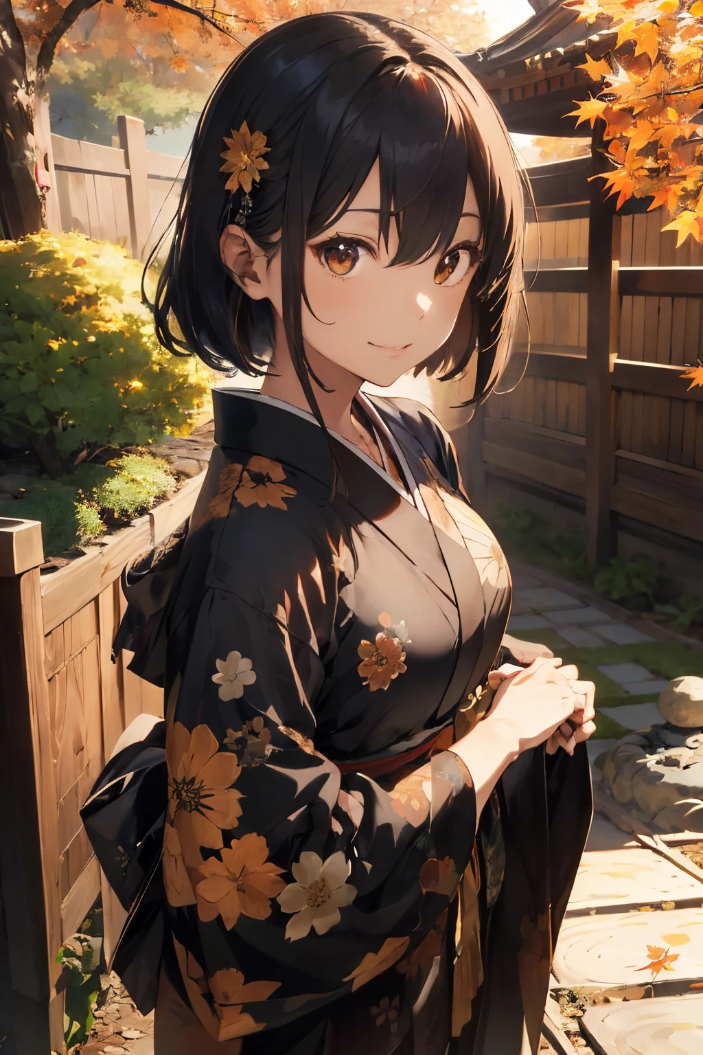((Samurai Girl)), (((kimono))), dark Outfit, ((skindentation)), skinny, solo, (1 sexy woman), Masterpiece, highest quality, highest quality, 16K, incredibly absurd, highly detailed, 2.5D, ai-generated, delicate and dynamic, very delicate facial expressions, delicate eye depiction, erotic, only sexy woman, Dark hair, black eyes, ((A cute and kind face)), healthy figure, ((25-year-old woman)), 160cm tall, medium firm swaying bust, blush, Sweat,Embarrassed,sexy, ((thin thighs)), ((shiny and lustrous)), facing straight at viewer, smile, Large park, daytime, bright, on the grass,