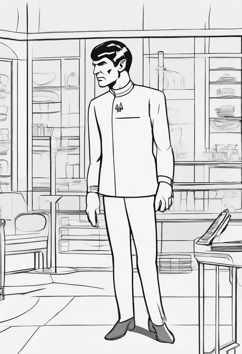 A photo of Spock in the Vulcan Science Academy, conducting an in-depth analysis of a complex logical theorem.,Star Trek,Spock, the iconic character from “Star Trek,” is distinguished by his unique Vulcan appearance: sharp, angular features, with notably pointed ears and slanted eyebrows, often complemented by his calm, composed expression. His hair is typically cut in a precise, straight style, adding to his orderly and logical demeanor., male