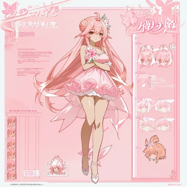 anime girl with long pale pink hair and in a pink dress, anime character reference sheet, reference sheet, full body!, [ character design ], design sheet, character reference sheet, 
 long Pale pink hair with sampaguita one hair bun (one right next sampaguita on her hair) with  and golden brown eyes, single character full body Genshin style, , official artwork, CG, art