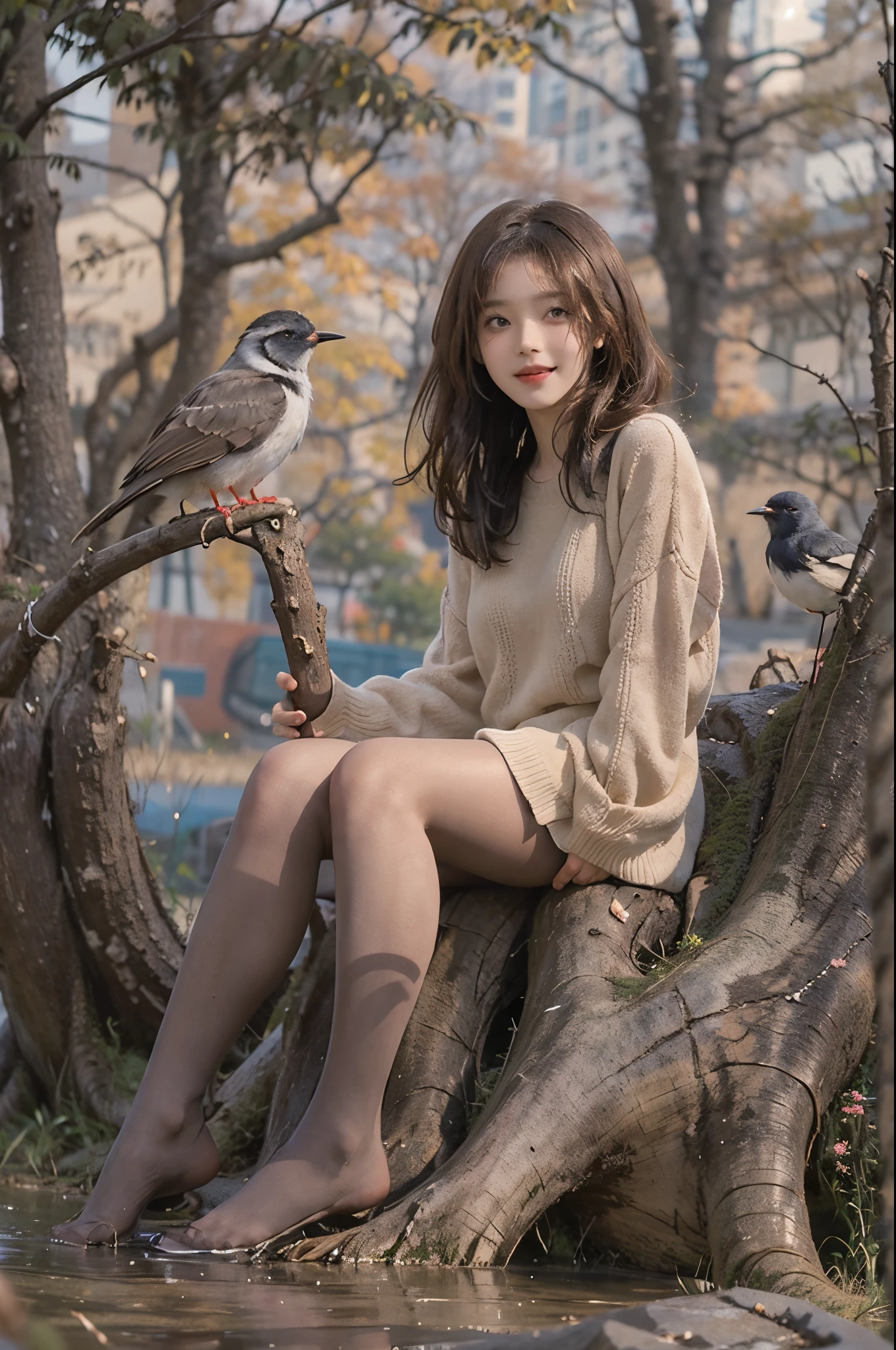 On a refreshing morning with a calm atmosphere, lush lake, A 28 year old brunette with messy hair is sitting on a tree stump.. she wears thick clothes, She is wearing a beige short knit dress with long sleeves and thin black pantyhose.。. Engaged in playful interaction, She shares a moment of joy with the chirping of birds around her.