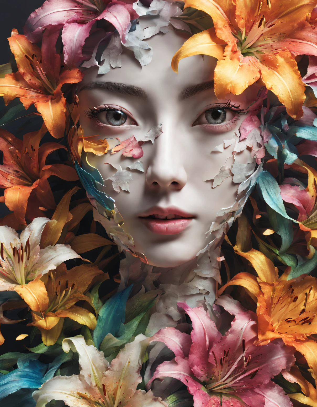 double contact，An explosion of rainbow colored lilies，Close-up of the girl&#39;lily face，（the lilies：1.1）,Rendered by Octane，unreal-engine，Rococo paper cutting，