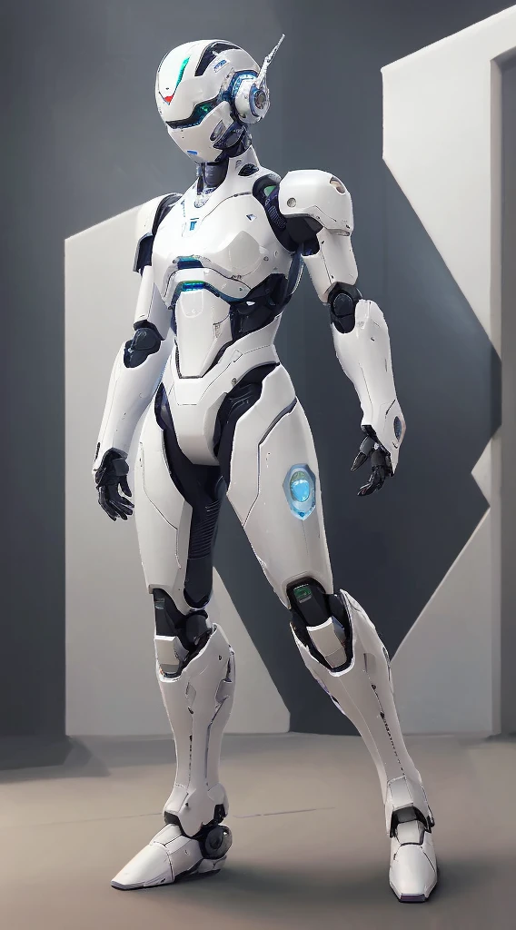 Close-up of a robot standing in a room with walls, in white futuristic armor, echo from overwatch, sci - fi suit, SCI - FI Characters, science fiction suit, Streamlined white armor, scifi character, sci-fi character concept, sci-fi character concept, Sleek streamlined white armor, Modern clean white armor, detailed full-body concept, cybersuit