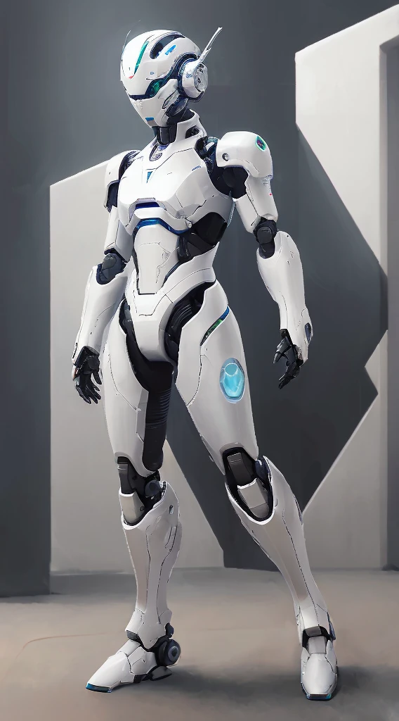 Close-up of a robot standing in a room with walls, in white futuristic armor, echo from overwatch, sci - fi suit, SCI - FI Characters, science fiction suit, Streamlined white armor, scifi character, sci-fi character concept, sci-fi character concept, Sleek streamlined white armor, Modern clean white armor, detailed full-body concept, cybersuit