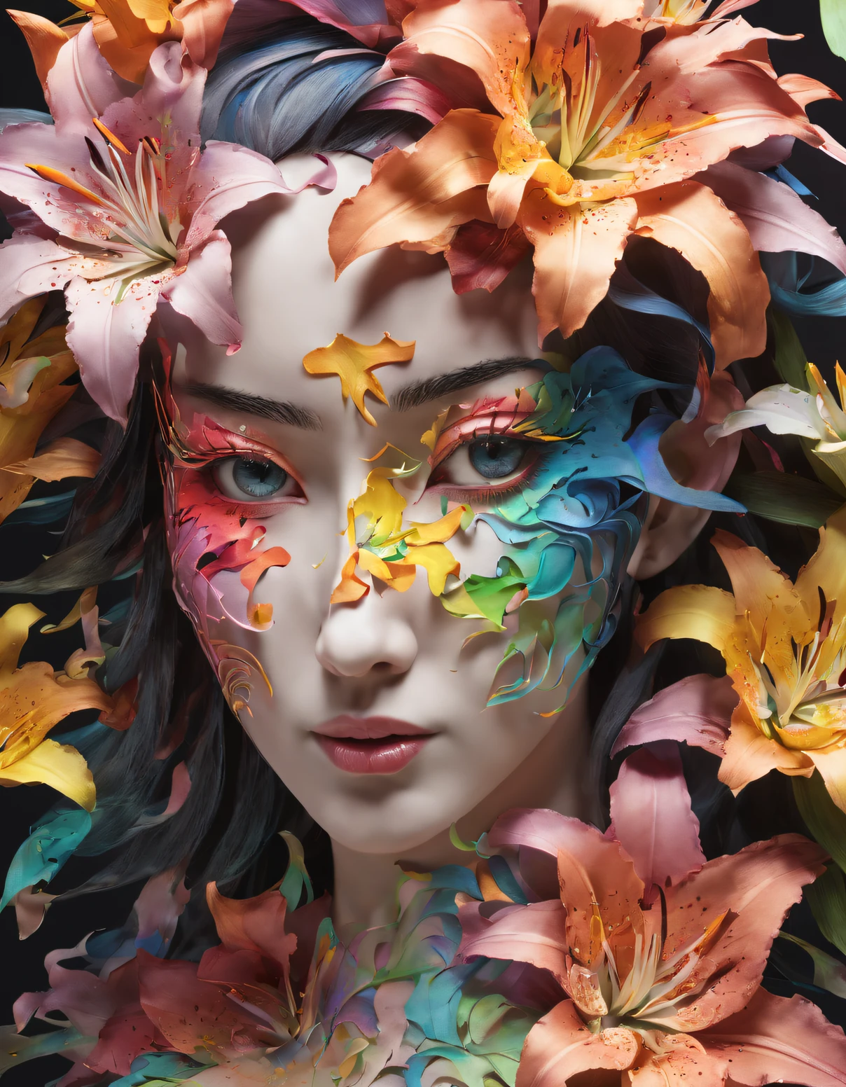 double contact，An explosion of rainbow colored lilies，Close-up of the girl&#39;lily face，（the lilies：1.1）,Rendered by Octane，unreal-engine，Rococo paper cutting，