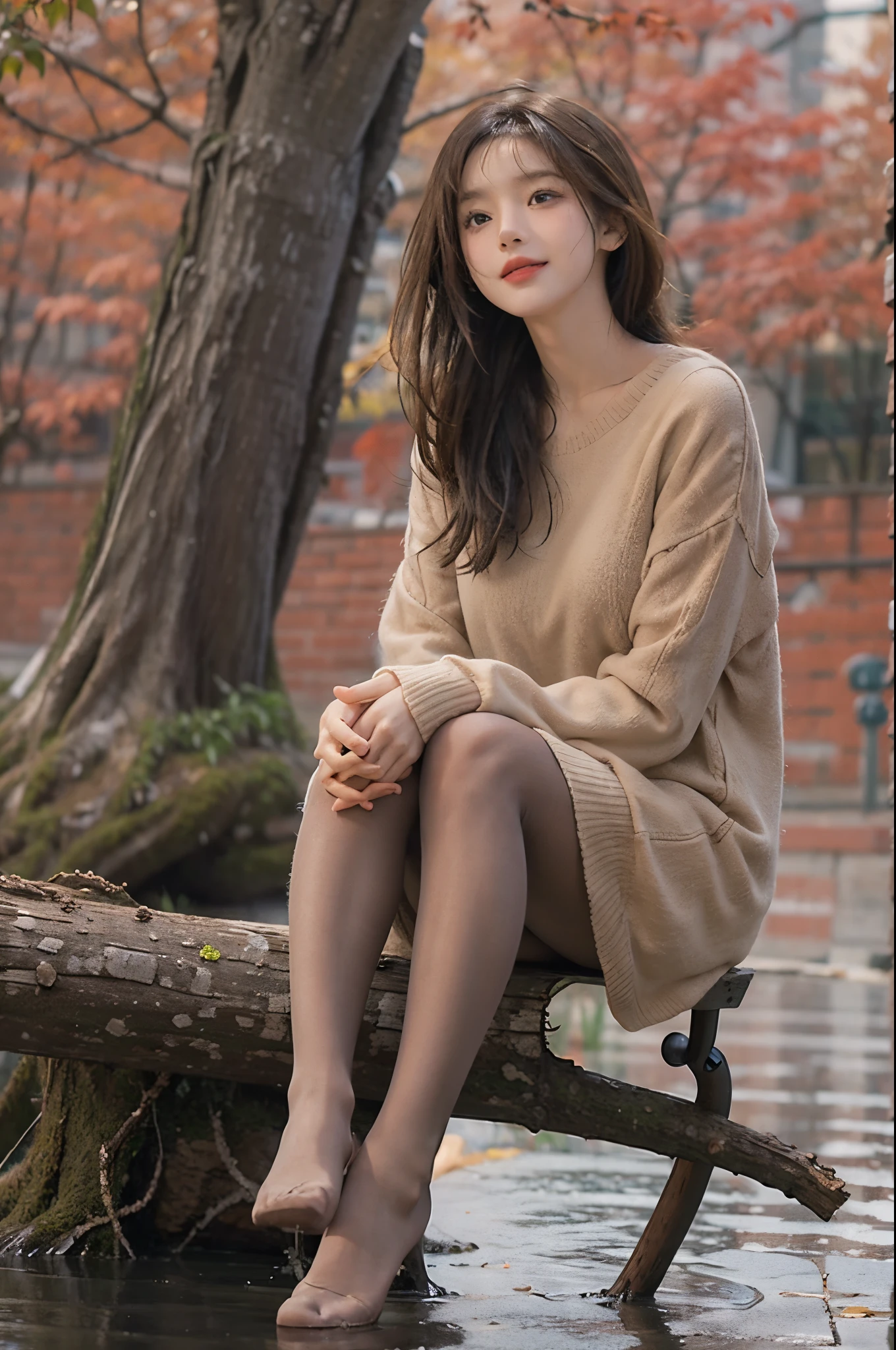 On a refreshing morning with a calm atmosphere, lush lake, A 28 year old brunette with messy hair is sitting on a tree stump.. she wears thick clothes, She is wearing a beige short knit dress with long sleeves and thin black pantyhose.。. Engaged in playful interaction, She shares a moment of joy with the chirping of birds around her.