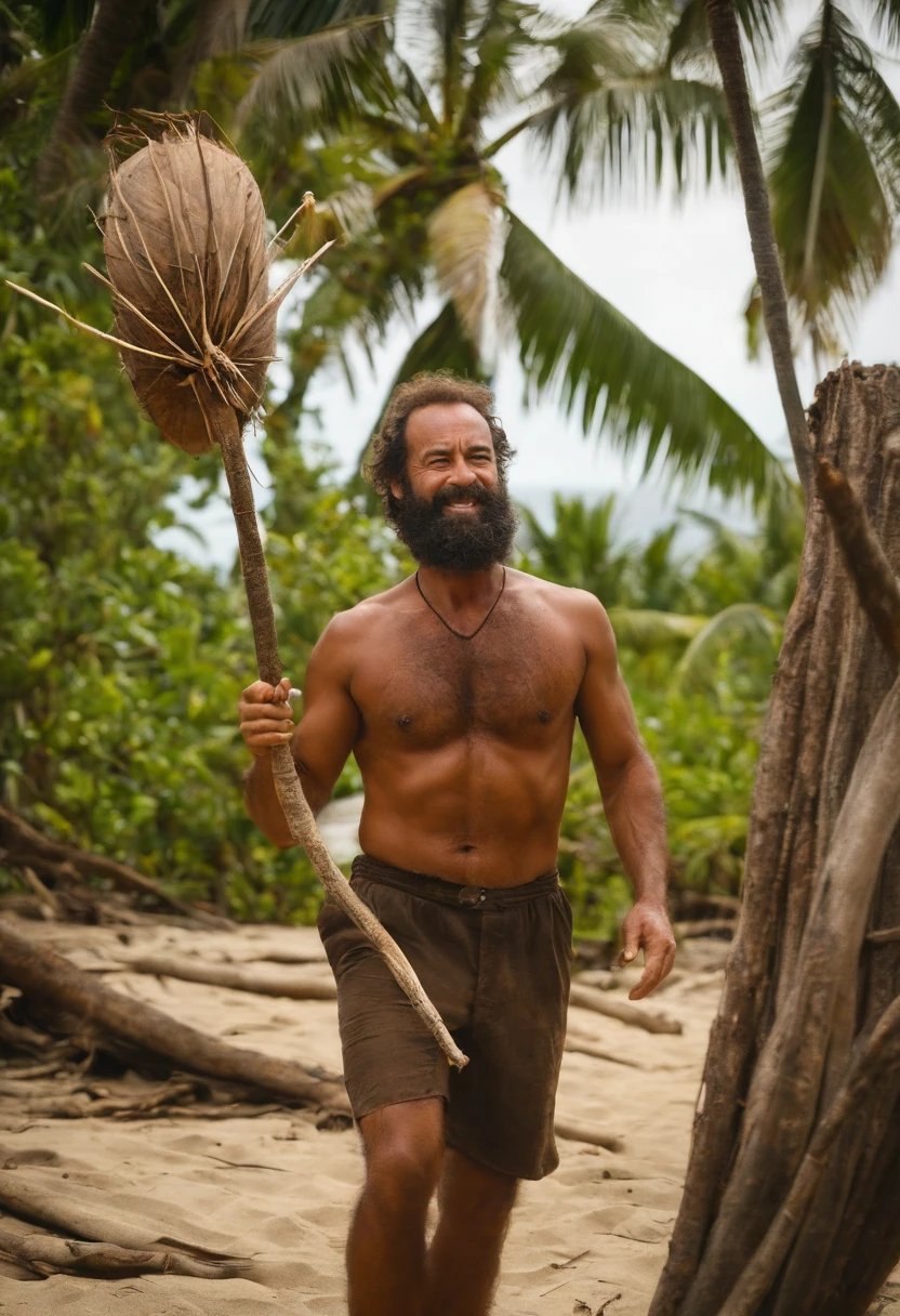 A photo of Chuck using his handmade coconut shell and stick fruit picker to gather ripe fruit from a tall tree,Cast Away (film),Chuck Noland, portrayed by Tom Hanks in the film “Cast Away,” is currently stranded on a deserted island in the Pacific Ocean.  Sunburnt and bearded, with long, unkempt hair, his physical condition reflects the harsh realities of island survival. , male