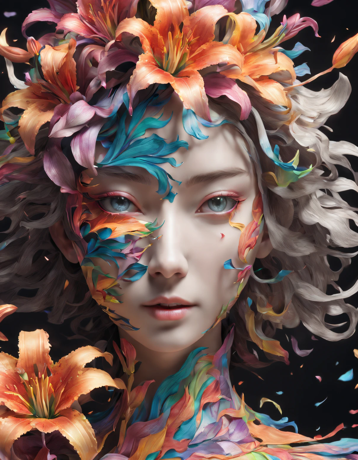 double contact，Explosion of rainbow colored lilies，Close-up of girl's face，（the lilies：1.1）,Rendered by Octane，unreal-engine，Rococo paper cutting，