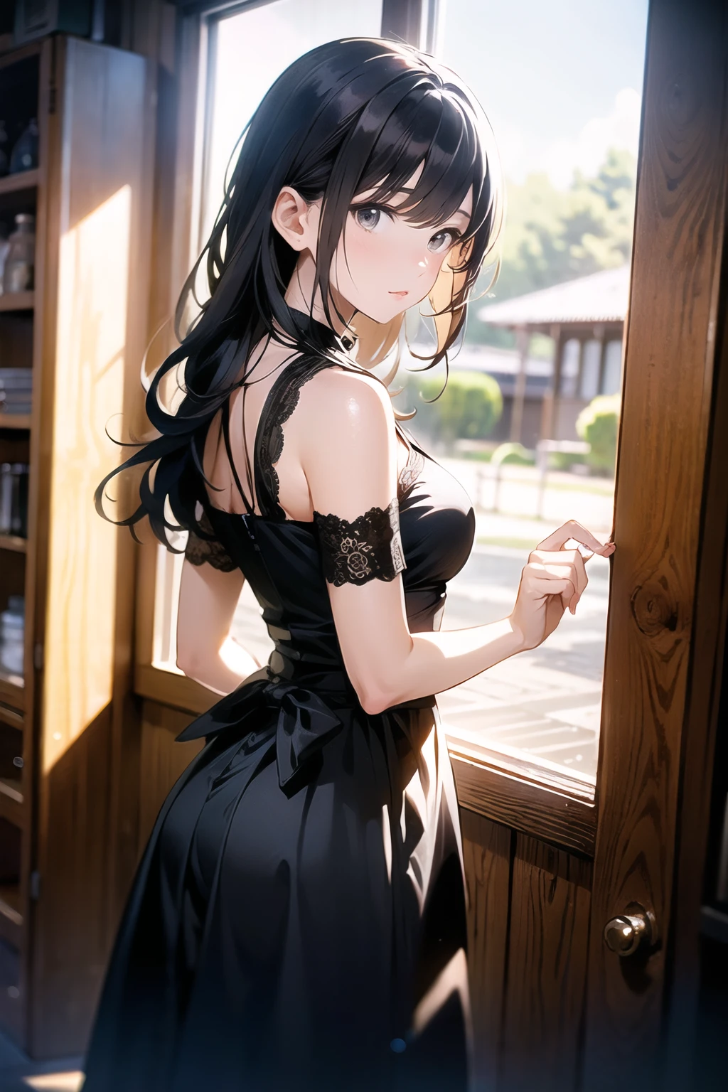 top-quality、masterpiece、(Photorealsitic:1.4)、1girl、浅笑、sexy dress、from waist up、Dramatic lighting、frombelow