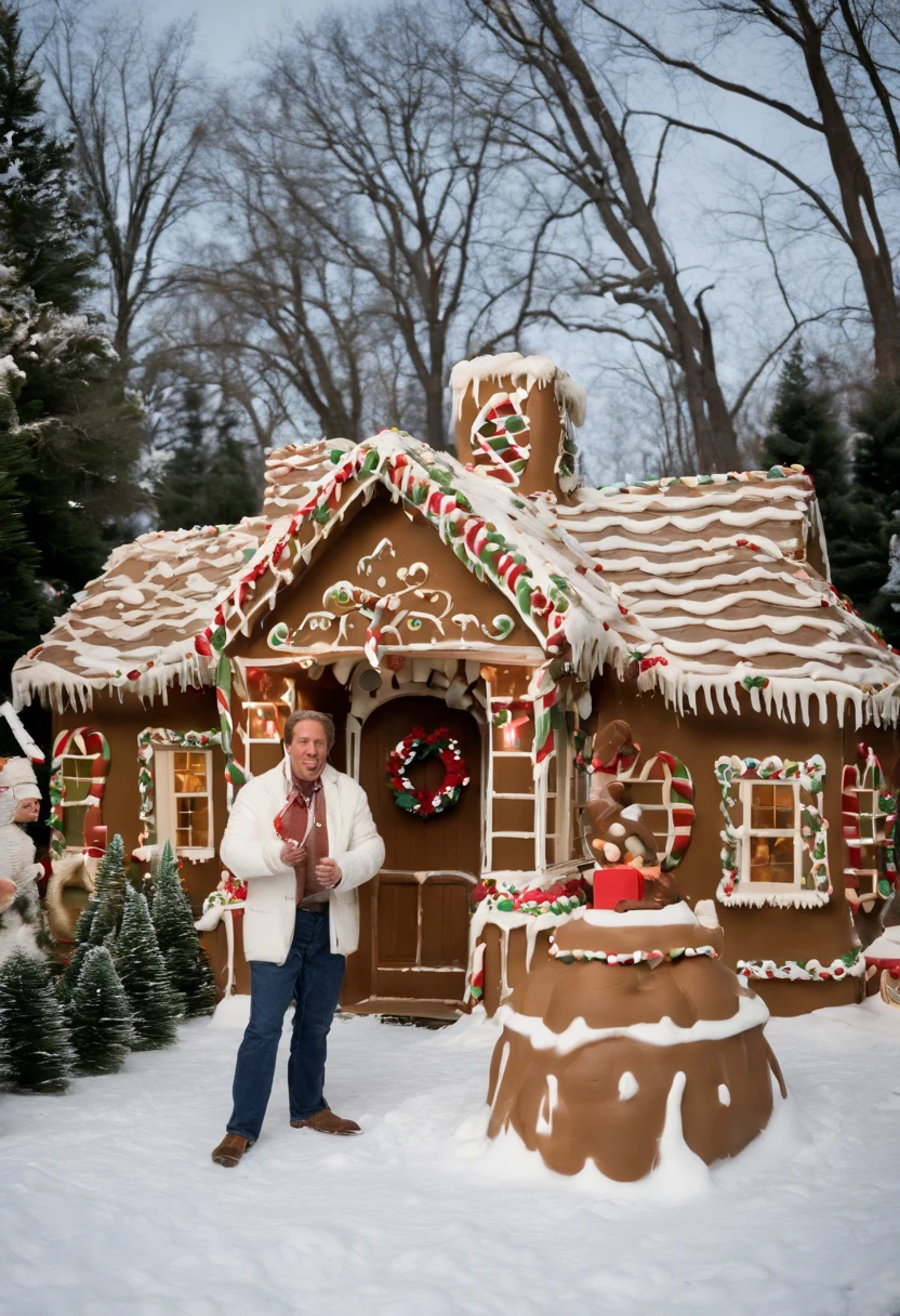A photo of Clark Griswold attempting to create a life-sized gingerbread house in the backyard, but accidentally spilling icing all over himself,Christmas Vacation,Clark Griswold, as portrayed in “Christmas Vacation,” is the epitome of an enthusiastic and ever-hopeful family man, driven by a relentless desire to create the perfect holiday experience. His appearance is that of the quintessential suburban dad: often seen sporting a light sweater, casual slacks, and a slightly disheveled look, reflecting his well-intentioned, yet often chaotic attempts at holiday preparations., male