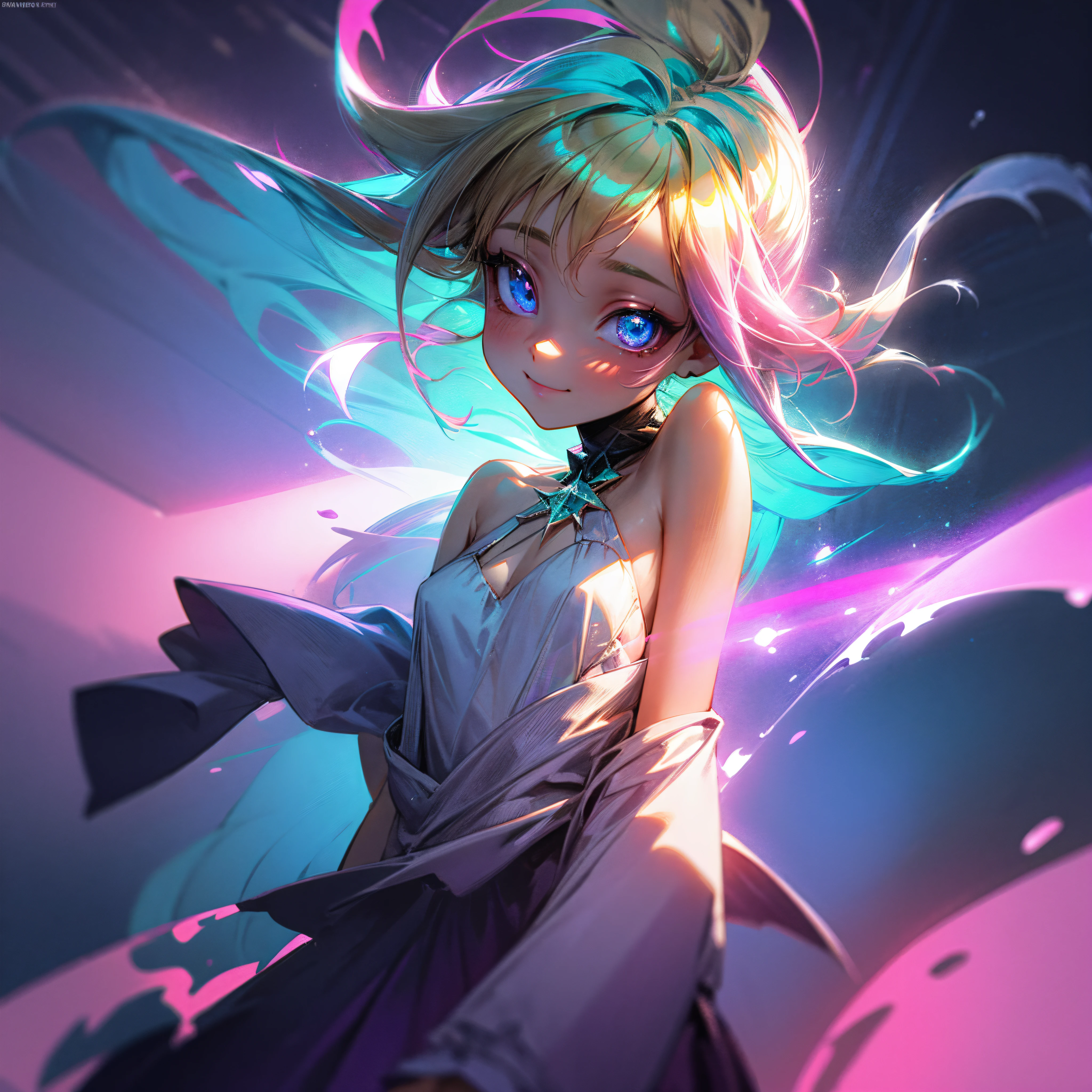 Fantasy art, neon magic, handsome girl, sea fairy, Smiling, UHD, 128 K., Dreamy colors, glowing around, Glow, symmetric eyes, symmetrical nose, sparkles, emerald eyes, dark blonde hair, delicate pink-violet curls, ciberpunk, Casual styles in beige or white with a cute, magical neon print and detailing., background with magical fantasy city, Small bust