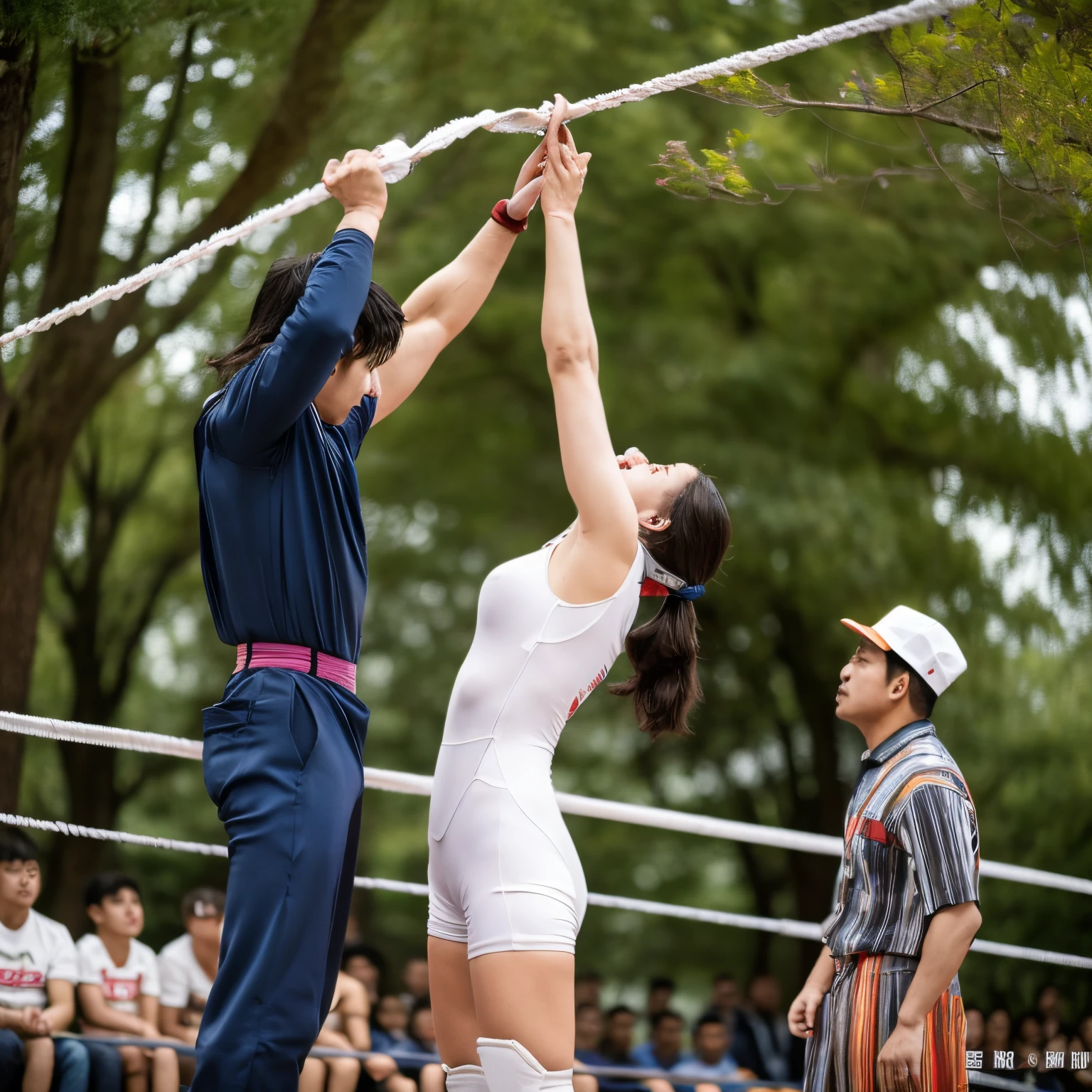 Navel Ejection、Men's and women's professional wrestling、A woman is given a neck hanging tree with one hand by a man.