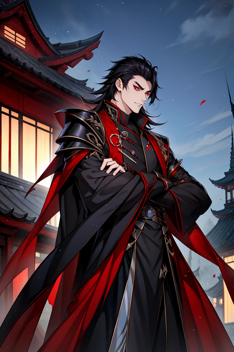 vampire man, Hanfu, Luxurious uniform black clothes，Shoulder armor，Front Shooting，looking at viewert，cabelos preto e longos, red eyes，natta，starrysky，rays of moonlight，Asian architecture，Best quality at best，16k,tmasterpiece，