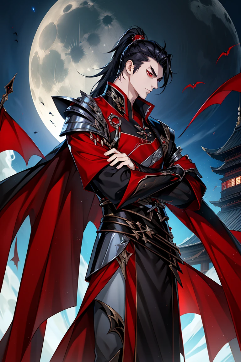 vampire man, Hanfu, Luxurious uniform black clothes，Shoulder armor，Front Shooting，looking at viewert，cabelos preto e longos, red eyes，natta，starrysky，rays of moonlight，Asian architecture，Best quality at best，16k,tmasterpiece，