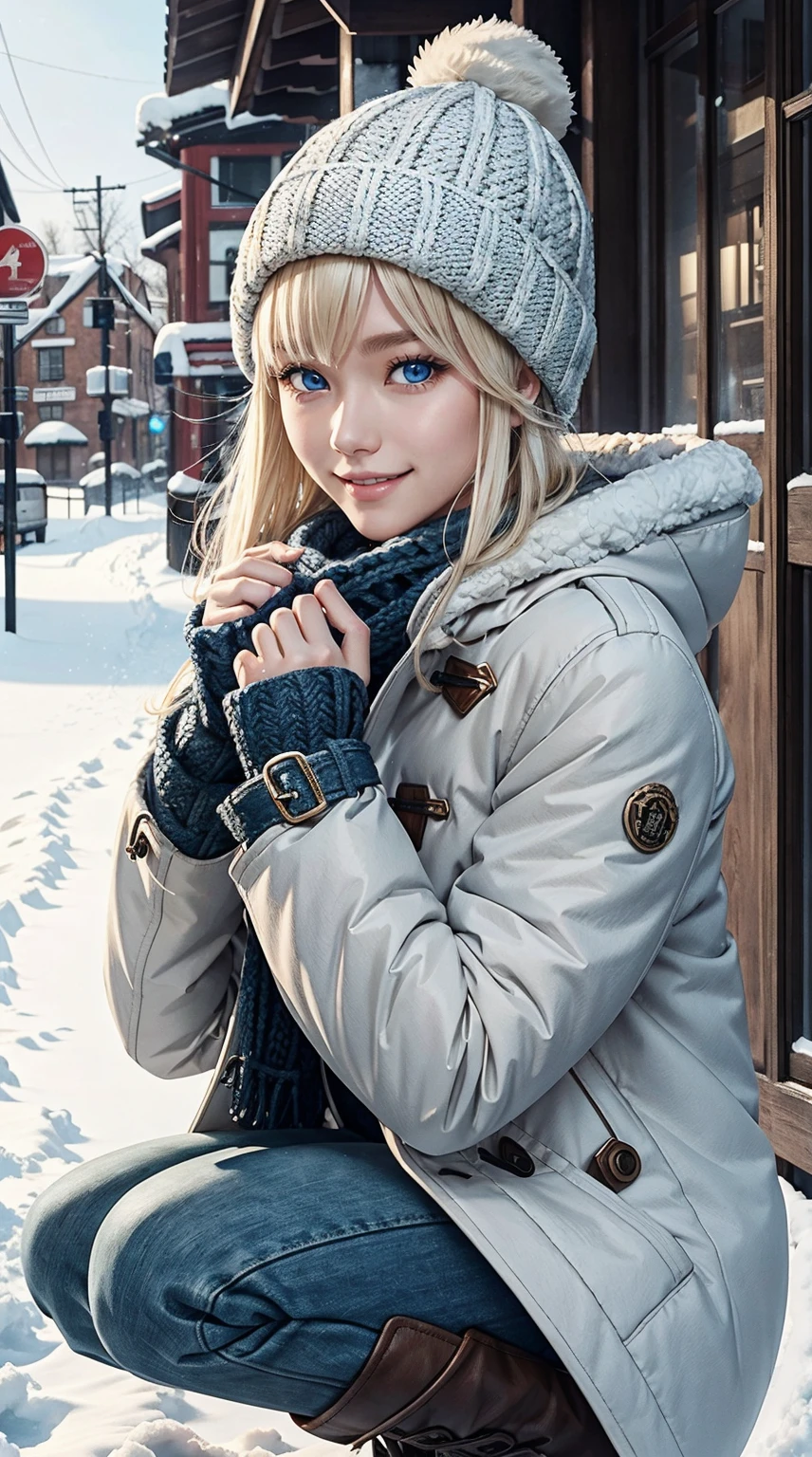 25-year-old Caucasian woman、platinum-blonde、blue eyess、Semi-long、My hair is wavy、a smile、My abs are cracked、a smile、slim muscular body、I don't want my head to disappear from the screen.、Wearing a duffel coat、I'm in a snowy town、wearing a woolen hat、I'm wearing a muffler、Squatting、Facing to the side、I'm wearing long boots、I'm warming my hands with my breath