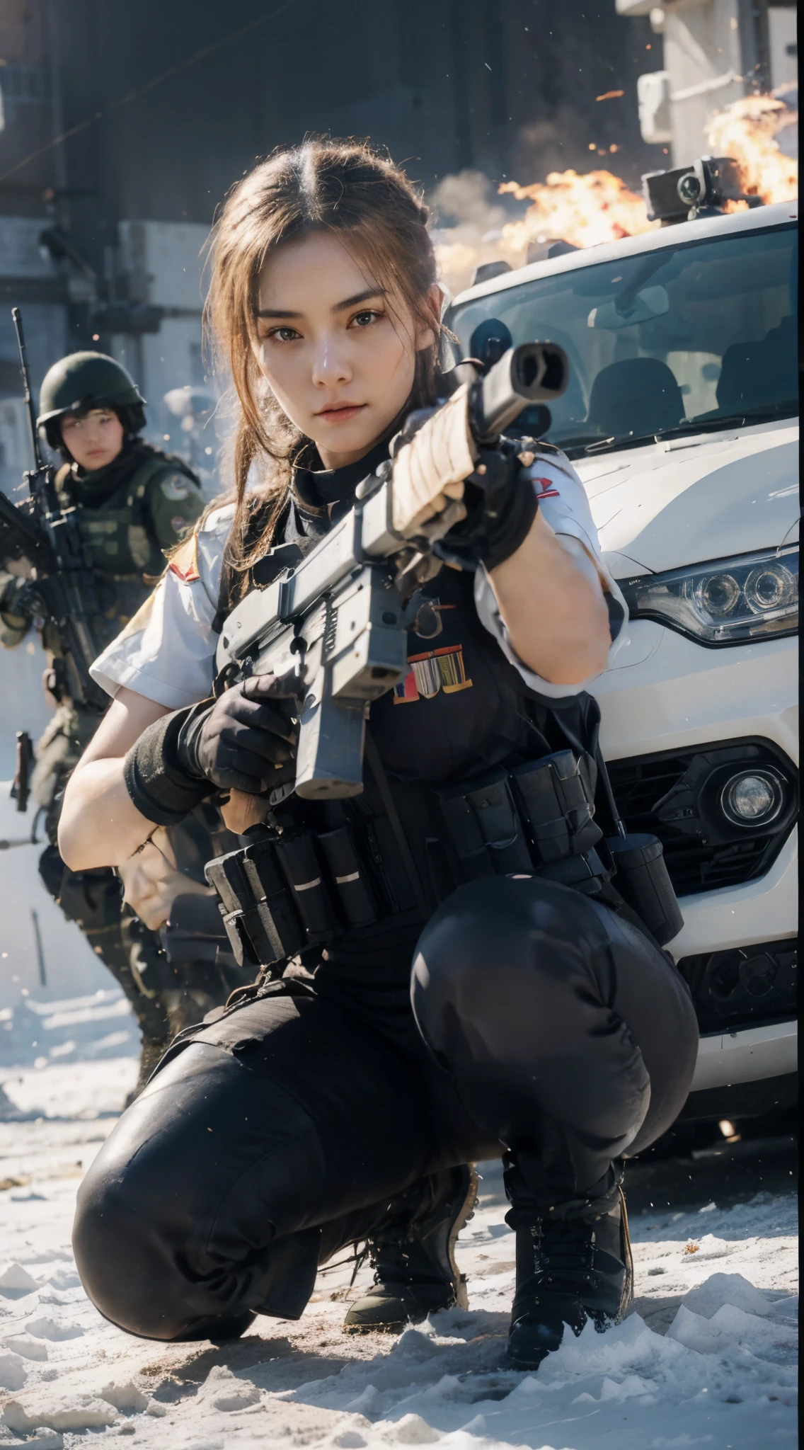 arafed woman in military uniform posing with a fire rifle,, infantry girl, military girl, soldier girl, beautiful female soldier, (big breasts), mechanical soldier girl, deviantart cgscosiety art station, beautiful digital artwork, guweiz style artwork, ross  tran 8 k, cgsociety high definition, cgsociety amazing