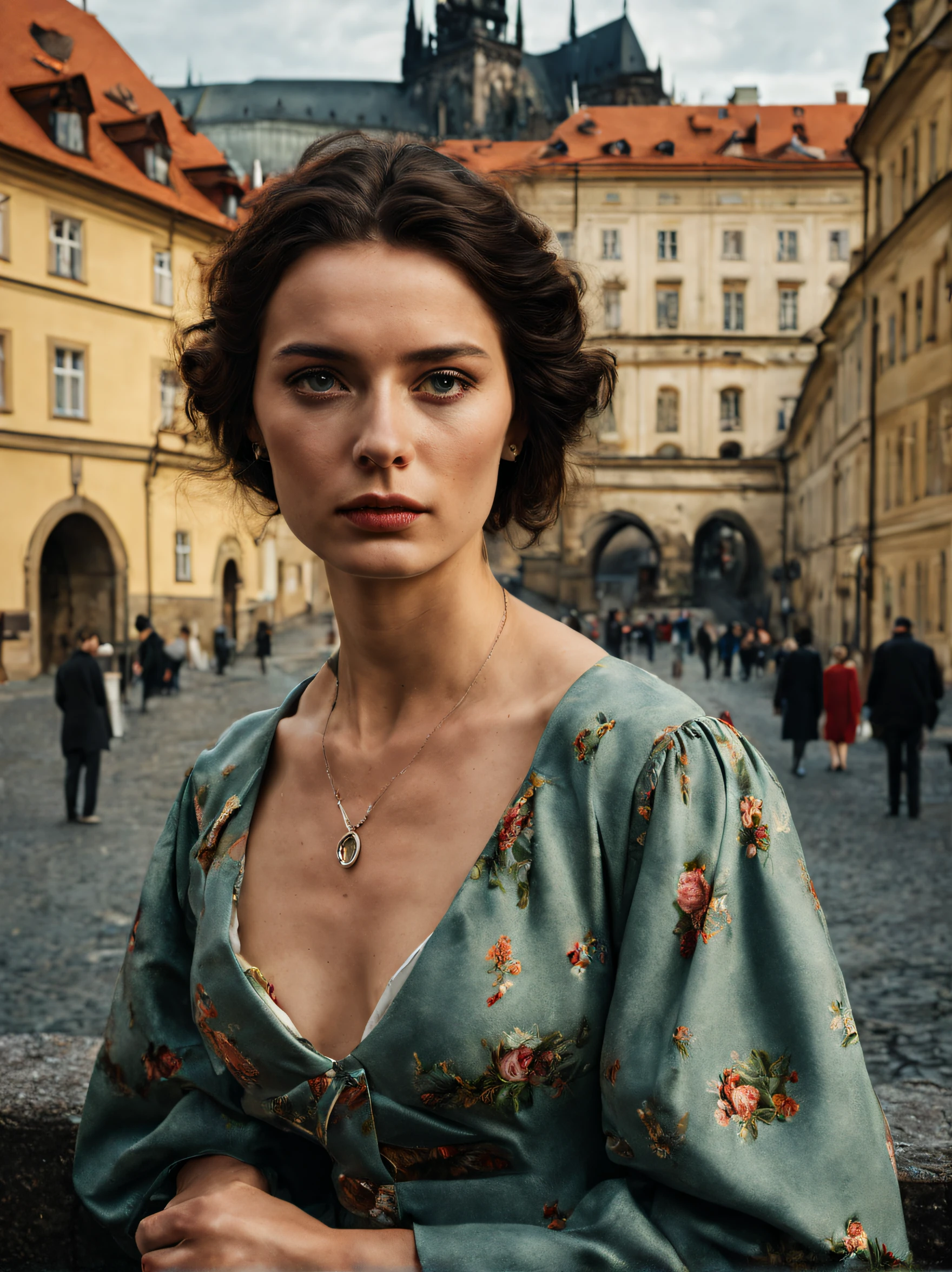 portrait of sks woman in Prague, at the prague castle, style by Flora Borsi, bold, bright colours, by Gregory Crewdson