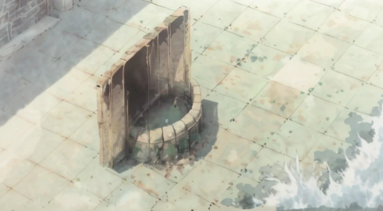 There is a small well on the ground，There are wooden frames, random background scene, watertank, Close-up of magical water gate, sewer background, attack on titan scenery, The reservoir, anime scene, Anime landscape concept art, sewer pipe entrance, well rendered, water temple, The fountain, anime backgrounds, Anime background art, sewer, Opening scene, watermills