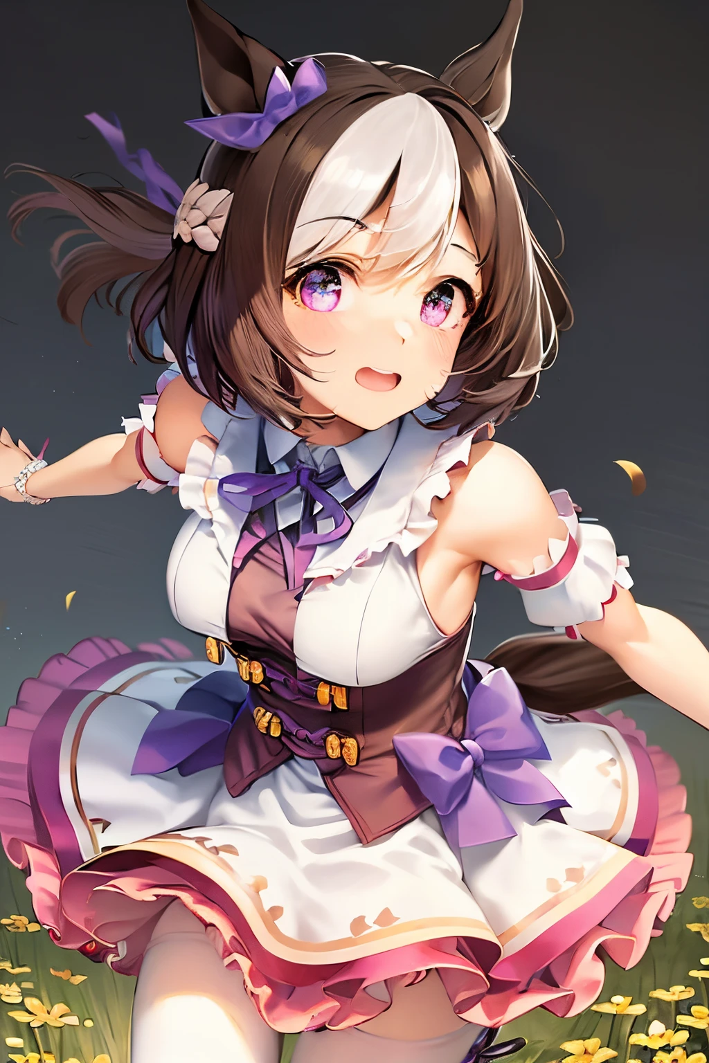 special_week_\(Umamusume)、bow ribbon、bow ribbon、bow ribbon、corsets、Fluffy breasts、nursing、toppless、teats、The upper part of the body、(Refers to the viewer:1.3)、Happiness、(meadow background:1.3), Frolicking, short-hair, (Horse tail:1.4)