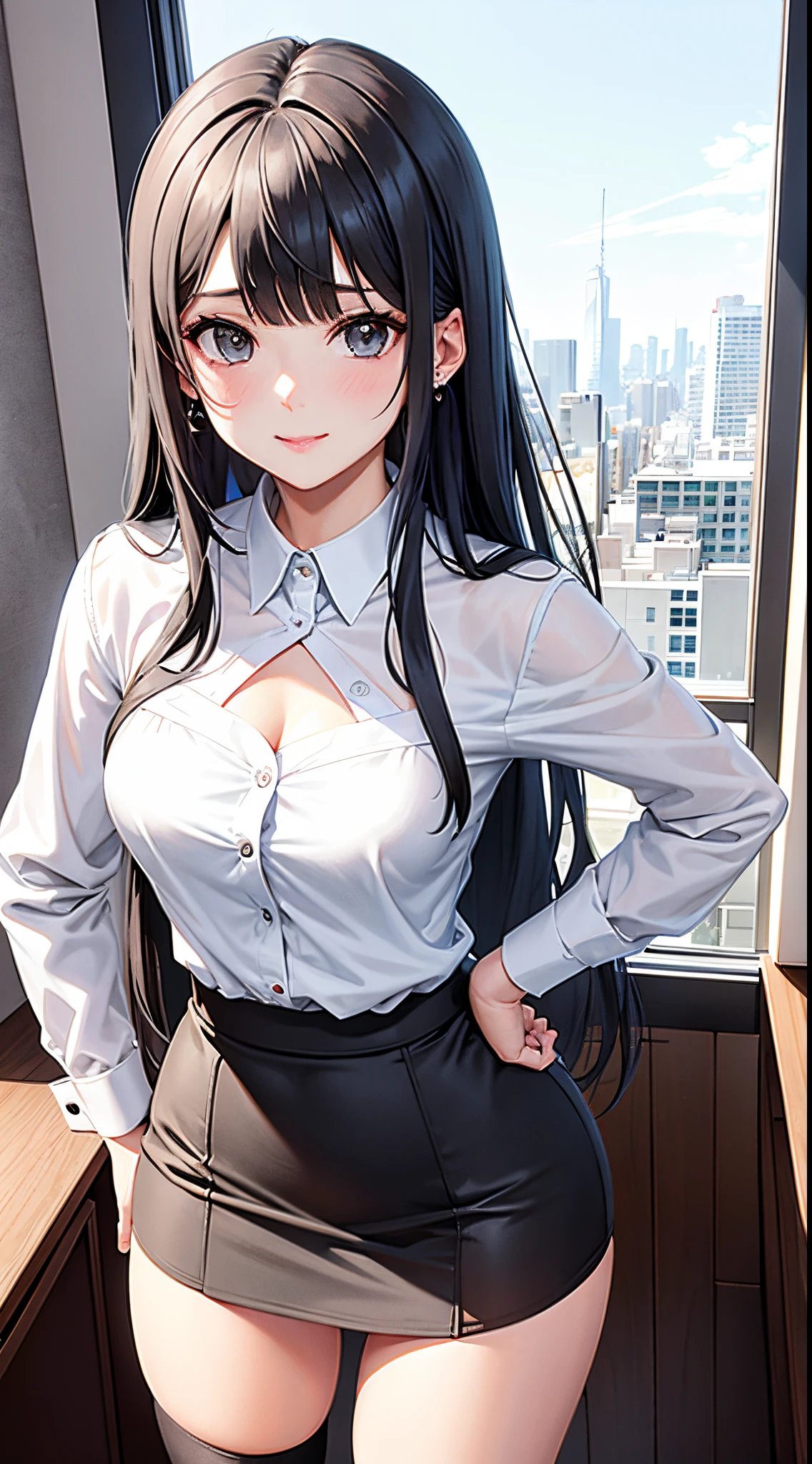 Character Details:, - Gender: 1 Girl.
- Style: Anime, - Body Type: Attractive body, slim body, nice leg, slim tights, nice arms, nice shoulder., - Breast: Small Breast, Cleavage
- Facial Features: Beautiful, Gorgeous, Teenager, Fresh, Young.
- Expression: Smile, Pink Blush on Face, Sexy Eyes, Sexy Look, Innocent Look., - Hairstyle: Blunt Bangs, Long Hair., - Hair Color: Grey Hair.
- Clothing: White Shirt, Black Short Skirt, Stocking., - Body Pose: Seiza Pose
- Hand Pose: Hands on Hip
- Behaviour: Waiting, Want Something, Secretly.
- Accessories: Earrings., Environmental Details:, - Setting: Office Room., - Lighting: Natural Light., - Decoration: Modern Office Desk, Chair, Window, White Curtain, City View., pov, anime style, UHD, retina, masterpiece, accurate, anatomically correct, textured skin, super detail, high details, high quality, award-winning, best quality, high-res, HD, HD, 4K, 8k, 16k