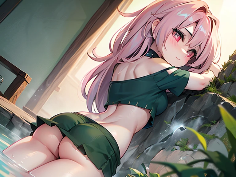 Ultra High Quality，4K，Extremely detailed，((quality))Sit on the banks of the hot springs((Pink hair))((Pink hair))((Pink hair))((Pink hair))((short shoulder-length hair))of the maidens，Pink eyes，((((in green)))((in green，in green，in green))swim skirt，Dressed in((Pink Big))In the((Harnes))tight top，the night，the night，Onsen at night，(((The dim)))environment，(((Back lighting)))，Warm and bright tones，home ambiance，Cinematic lighting、Viewer's Perspective