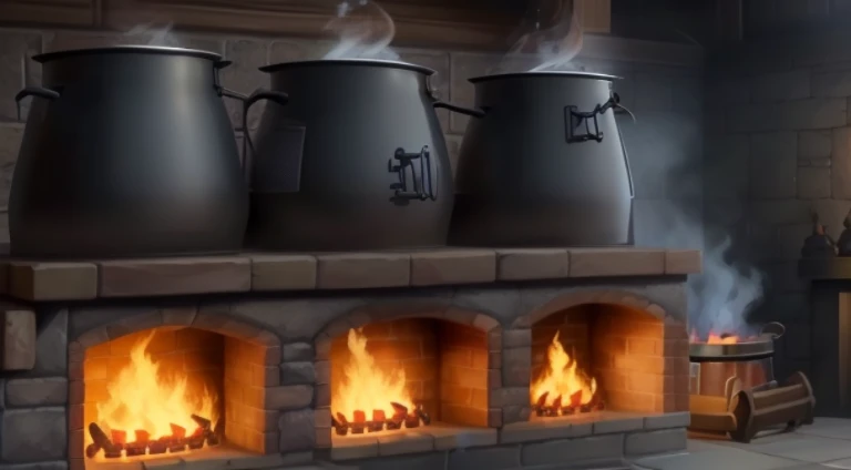There are four pots on the fire ground,Flames come out of the pot, cauldron, tavern background, cook it, In the fantasy tavern near the fireplace, arte de fundo, random background scene, Smelter, background artwork, cooking a, Fantasy tavern background, animated still, Hearth fireplace, Animated static screenshot, ratatouille style, braziers