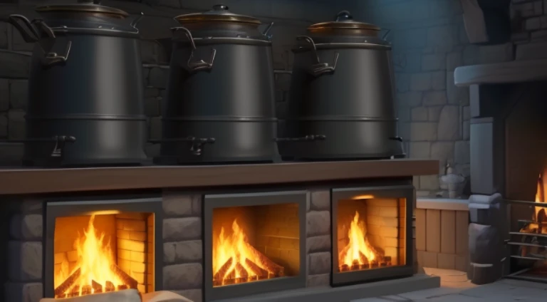 There are four pots on the fire ground,Flames come out of the pot, cauldron, tavern background, cook it, In the fantasy tavern near the fireplace, arte de fundo, random background scene, Smelter, background artwork, cooking a, Fantasy tavern background, animated still, Hearth fireplace, Animated static screenshot, ratatouille style, braziers