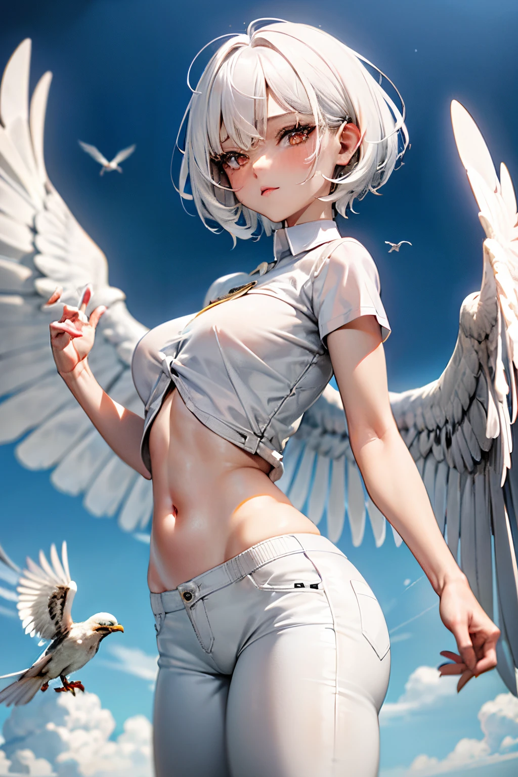 Cute girl, short hair, hawk eyes, has wings like a bird, wears a white shirt and short pants,Two wings are white, adult girl, Two large wings, White hair, sexy body, Bird, White bird