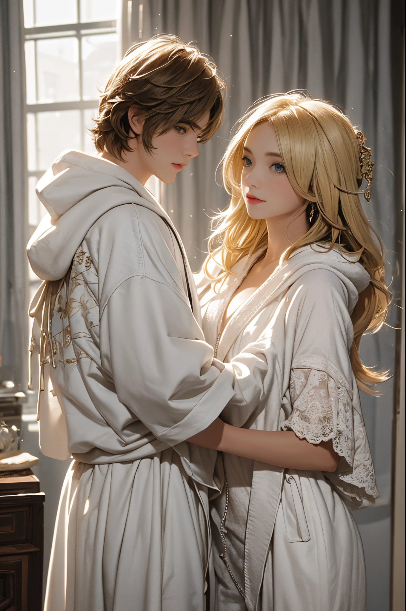 The elf man with a black cloak and golden embroidery is hugging a girl with a black cloak and blue embroidery tightly, and the girl is worried and looking at the face of the elf man.