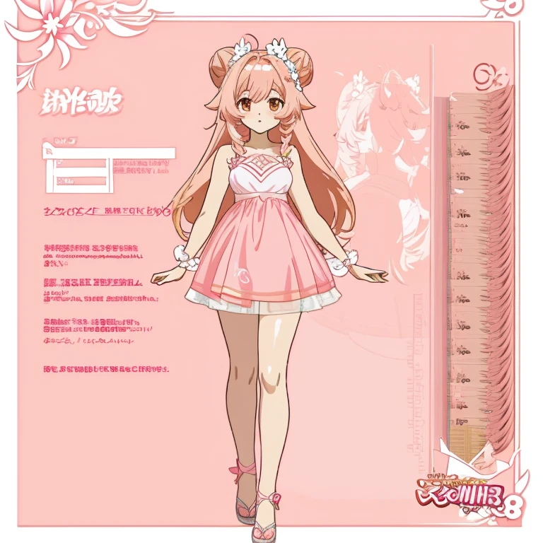 anime girl with long pale brownish pink hair and in a pink dress, anime character reference sheet, reference sheet, full body!, [ character design ], design sheet, character reference sheet, 
 long Pale brownish pink hair with sampaguita one hair bun (one right next sampaguita on her hair) with  and golden brown eyes, single character full body Genshin style, , official artwork, CG, art