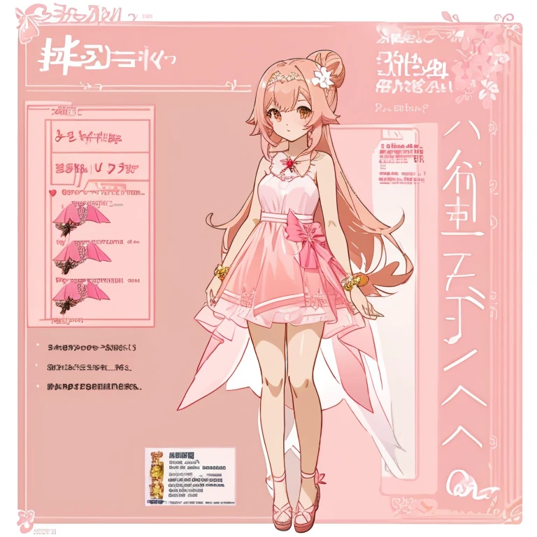 anime girl with long pale brownish pink hair and in a pink dress, anime character reference sheet, reference sheet, full body!, [ character design ], design sheet, character reference sheet, 
 long Pale brownish pink hair with sampaguita one hair bun (one right next sampaguita on her hair) with  and golden brown eyes, single character full body Genshin style, , official artwork, CG, art