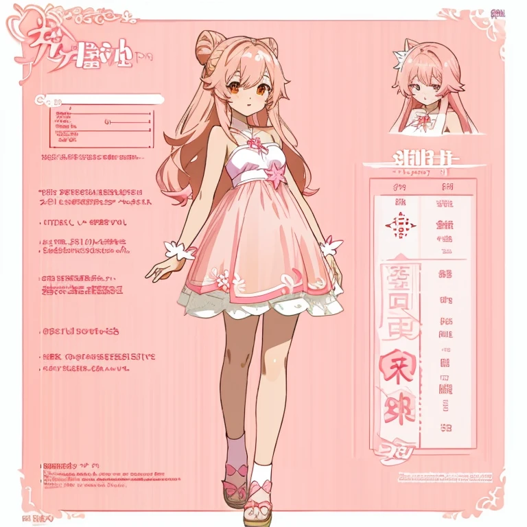 anime girl with long pale brownish pink hair and in a pink dress, anime character reference sheet, reference sheet, full body!, [ character design ], design sheet, character reference sheet, 
 long Pale brownish pink hair with sampaguita one hair bun (one right next sampaguita on her hair) with  and golden brown eyes, single character full body Genshin style, , official artwork, CG, art