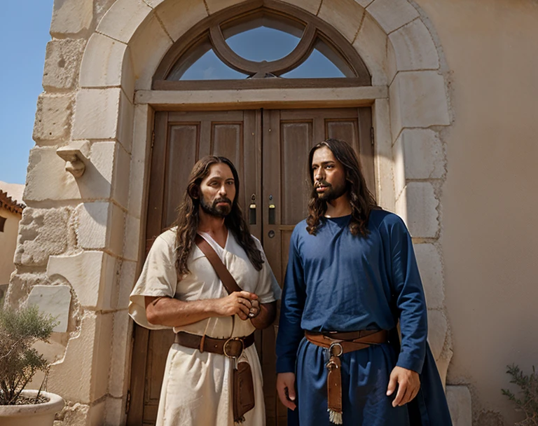 A realistic picture of Jesus and John the Baptist in front of an ancient synagogue. Jesus has brown skin, hair and beard, white tunic and blue cloak. John has camel clothes, leather belt and staff. He looks at Jesus. The synagogue is made of stone, with door, windows and inscription in Hebrew. There is vegetation around. The sky is blue and the sun shines. The picture is taken with a Canon EOS R5.