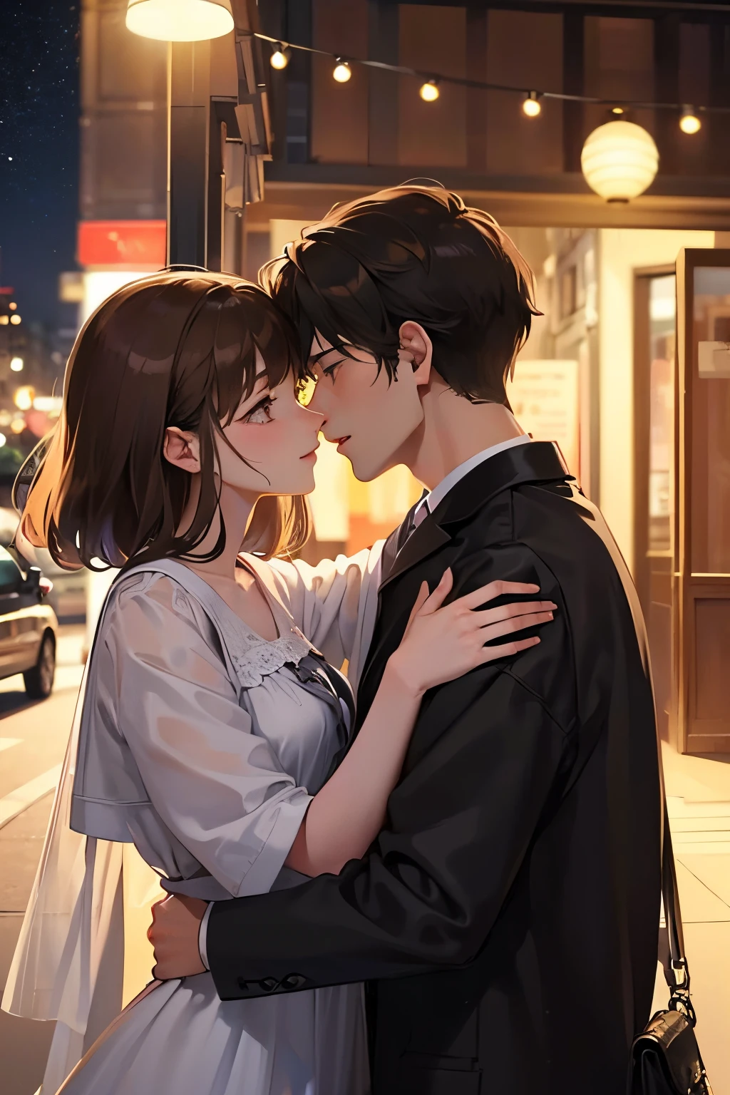 Two men and women、high-level image quality、kiss、Happy expression on face、Hugging and staring at each other、e litBrown-haired girl、Black-haired man、One Man and One Woman、Lovers、nighttime scene、A detailed face