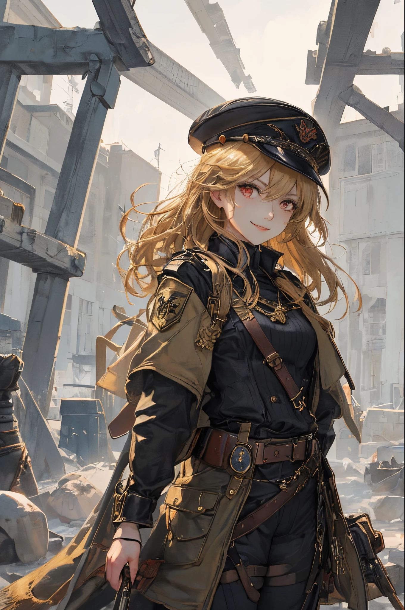 Childhood Senki、tanya(​masterpiece、top-quality:1.1), 1girl solo, tanya, 1girl in, 独奏, 小柄, flat-chest, small tits, small tits, Curvaceous, Military, military outfits, , Common hats, evil smile, Evil look, irate, red eyes, Neutral lighting