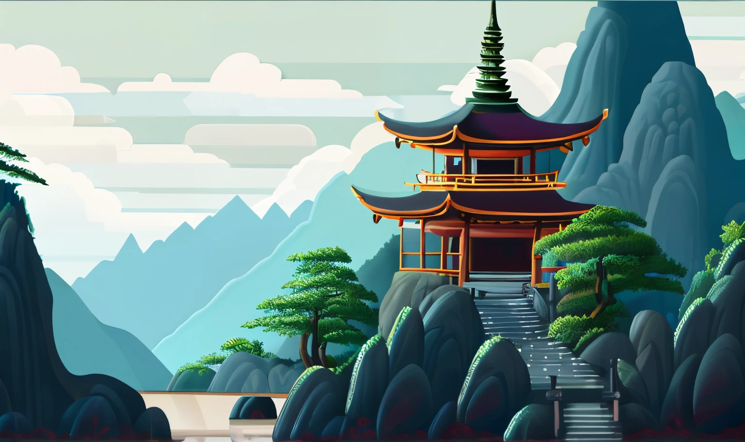 There is a digital painting of a pagoda on a mountain, digital painting of a pagoda, dojo on a mountain, a temple background, Zen temple background, background depicting a temple, Beautifully detailed pixel art, concept pixelart, Detailed pixel art, detailed pixel art, Mysterious temple setting, z style art work.Show on the. to the, videogame background, Anime landscapes, detailed digital painting