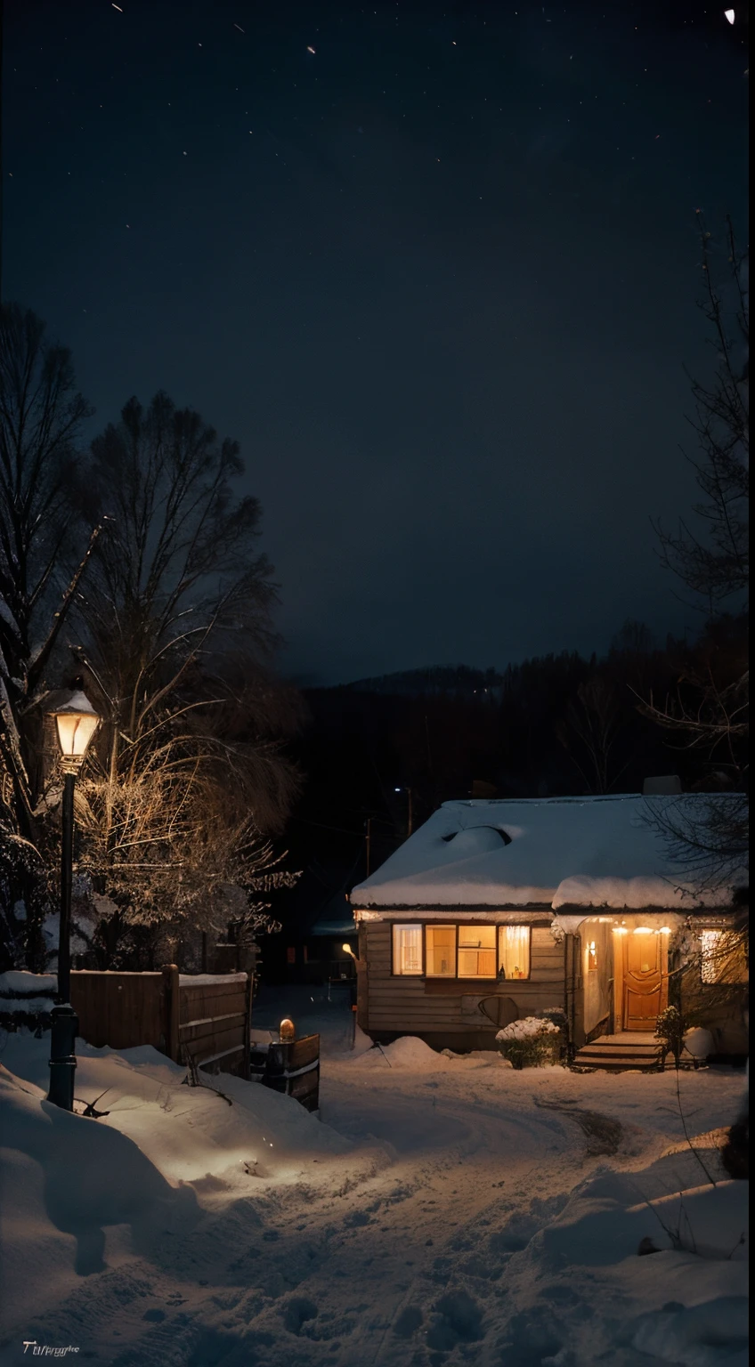 Ultra photo realsisim, swedish village, 70s of the 20th century, Old times, In the seventies, vintagestyle, synthetic wave, Winters, muita neve, comfortable atmosphere, warm lights, the night, nevando, artwork of a