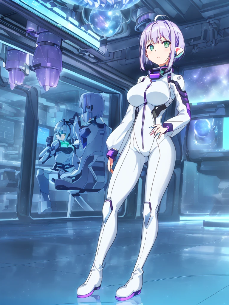 ​masterpiece:1.4, 1girl in ((20yr old, Wearing a futuristic white and silver costume, Tight Fit Bodysuit, long boots, Very gigantic-breasts, (Colorful purple hair,):1.3 short bob, Perfect model body, Green eyes:1.2, Wearing headphones, Looking out the window of the futuristic sci-fi space station、While admiring the beautiful galaxy:1.2, SFSF control room on night background:1.1, Neon and energetic atmosphere:1.2)) ((Galaxy))