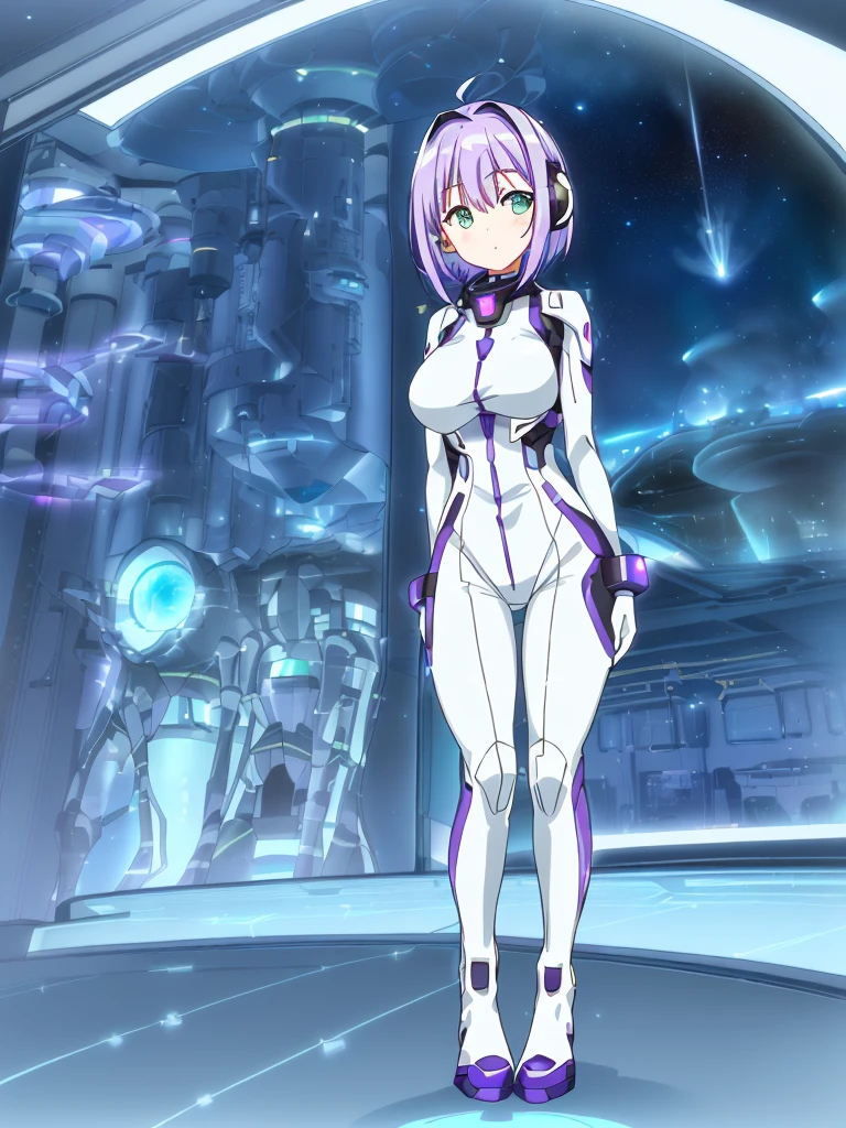 ​masterpiece:1.4, 1girl in ((20yr old, Wearing a futuristic white and silver costume, Tight Fit Bodysuit, long boots, Very gigantic-breasts, (Colorful purple hair,):1.3 short bob, Perfect model body, Green eyes:1.2, Wearing headphones, Looking out the window of the futuristic sci-fi space station、While admiring the beautiful galaxy:1.2, SFSF control room on night background:1.1, Neon and energetic atmosphere:1.2)) ((Galaxy))