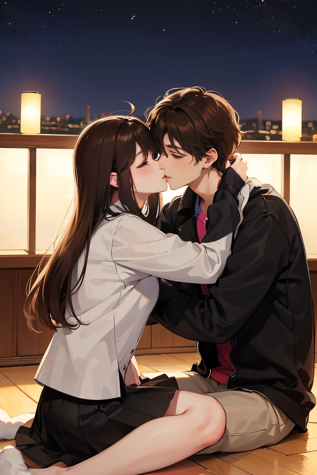 Two men and women、high-level image quality、kiss、Happy expression on face、Hugging and staring at each other、Cute little girl s、Brown-haired girl、Black-haired man、One Man and One Woman、Lovers、nighttime scene、twinks