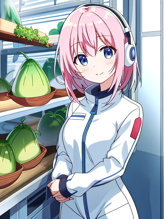 masutepiece、​masterpiece、top-quality、ultra-detailliert、hight resolution、 hight resolution、8K Portrait、Unity 8k Wallpapers、extremely details CG、Unity 8k壁纸、Highly detailed CG Unity 8k wallpaper、(space vegetable factory background):1.4,hydroponics、vegetable factory、One lady、Spacesuit helmet、head phone、A tight-fitting spacesuit