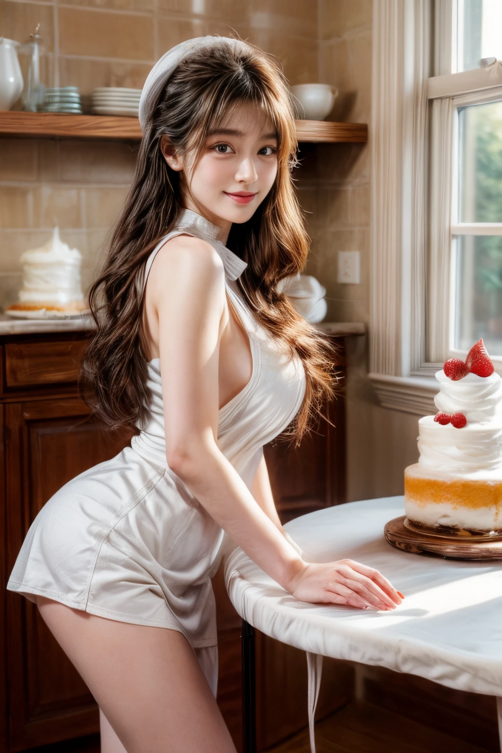 ​masterpiece、8K、32K、top-quality、(A detailed eye)、(A cute Japanese woman、bangss)、23years old、1 girl in、elegent、(Detailed background depiction、portlate:1.2)、(whipped cream on the nose:1.4)、A cool smile、Large kitchen、Sunlight from the window、(White Apron:1.2)、is standing、(cake on table:1.4)、cowboy  shot、Plump cleavage、beauty legs