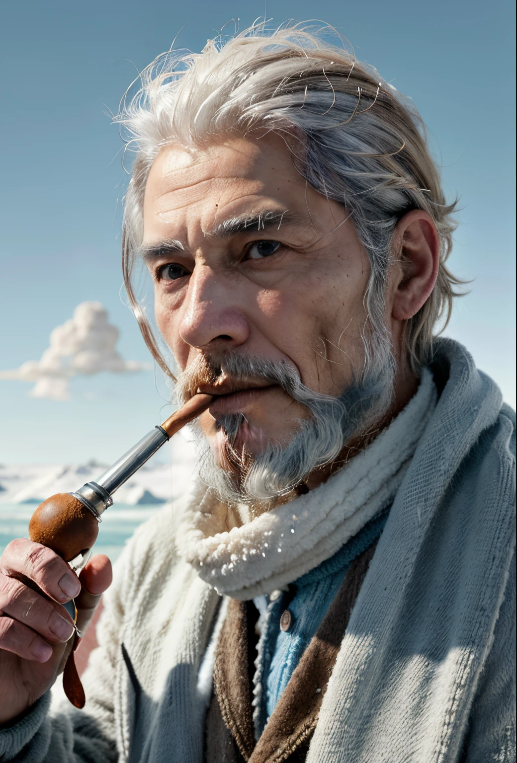 un primer plano de un hombre fumando en pipa con un abrigo helado, Beeple y Jean Giraud, inspirado por Marius Borgeaud, Arte digital altamente realista, Arte conceptual ultra realista, Arte digital hiperrealista, Arte digital muy realista, Arte digital hiperrealista, Si tuviera poderes de hielo, Arte conceptual hiperrealista, barba blanca, Old cowboy in the arctic