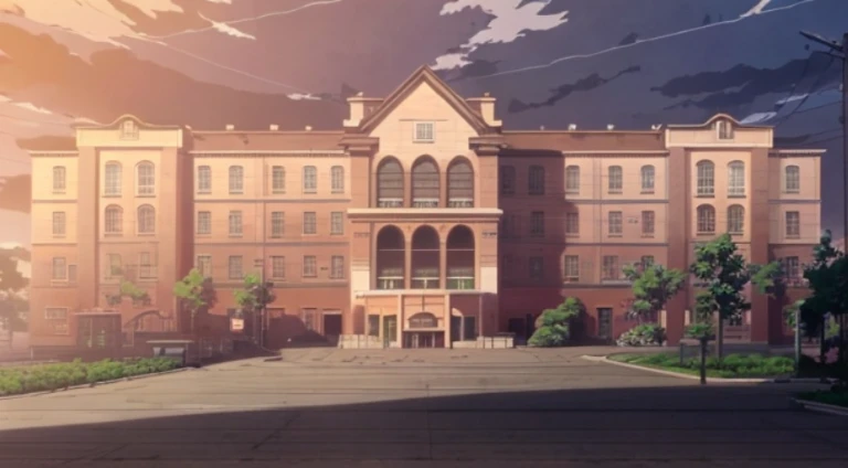 Animation image of a large building，There is a car parked in front, style of madhouse anime, Madhouse Studio anime style, 2 0 1 9 animation screenshots, Today’s recommended anime is still, (attack on titan animation), Screenshot of the animated movie, Screenshots from the 2012 animation, Opening scene, highschool background, anime still frame
