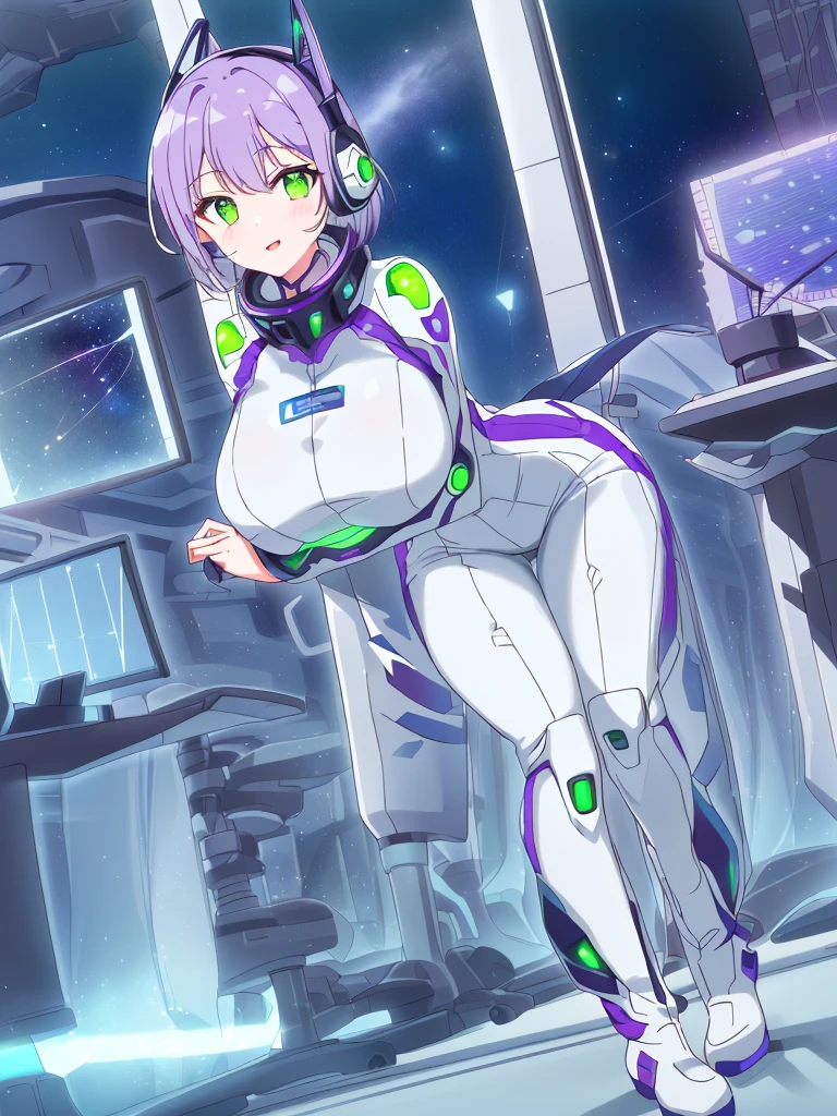 masterpiece:1.4, 1girl in ((20yr old, Wearing a futuristic white and silver costume, Tight Fit Bodysuit, long boots, Very gigantic-breasts, (Colorful purple hair,):1.3 short bob, Perfect model body, Green eyes:1.2, Wearing headphones, Looking out the window of the futuristic sci-fi space station、While admiring the beautiful galaxy:1.2, SFSF control room on night background:1.1, Neon and energetic atmosphere:1.2)) ((Galaxy))