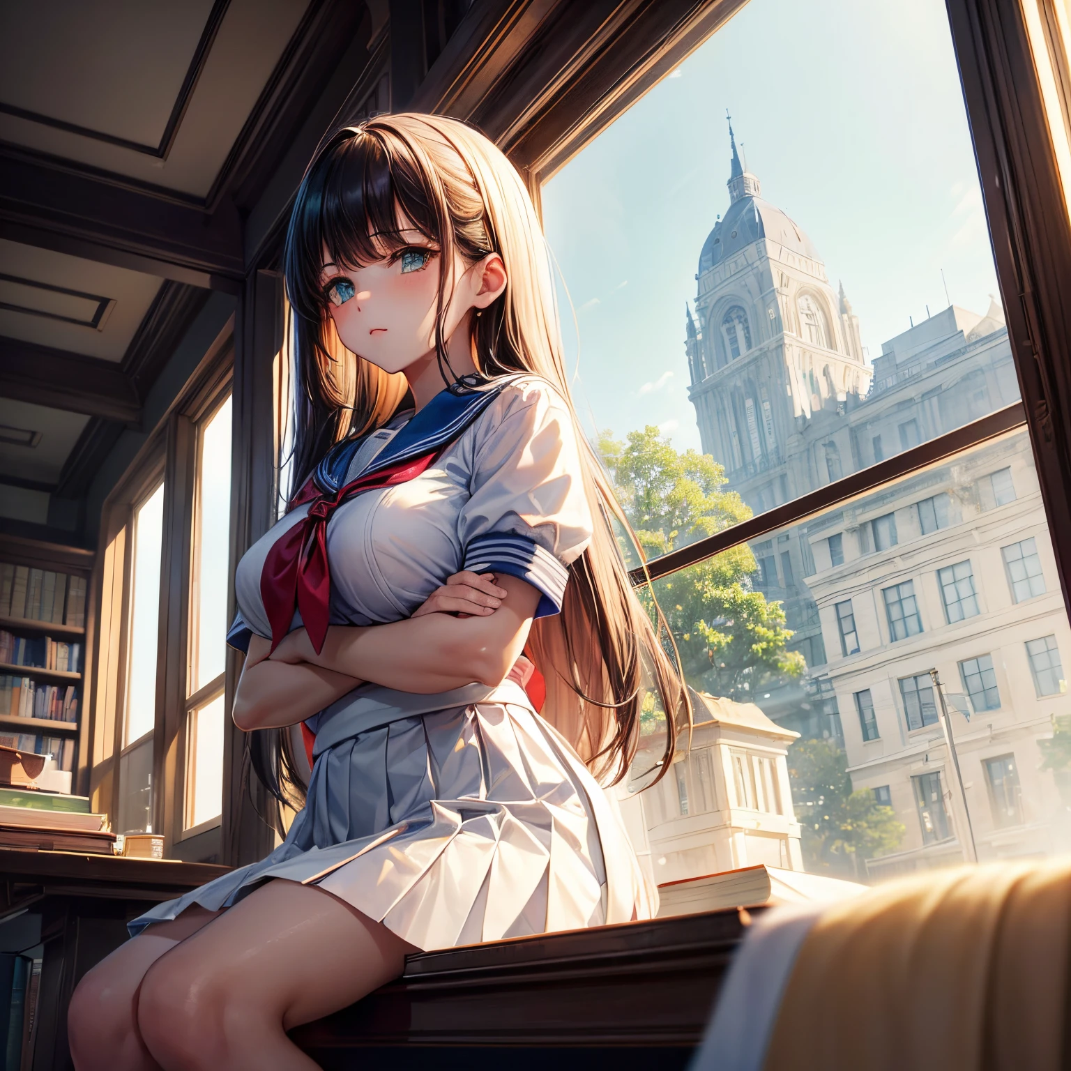 ((tmasterpiece,Best quality at best, A high resolution)), 1个Giant Breast Girl, Alone, green-eyed, cabellos largos dorados，Tie blue ribbon, bluntbangs, sitted, Cross your arms on the table, sleeping with arms folded, 校服, Shirase Fuku, Red sailor collar, short- sleeved, White pleated skirt, (In the library), Dramatic light, Next to the window, Afternoon sunlight shining through the windows, in the afternoon, bokeh effect
