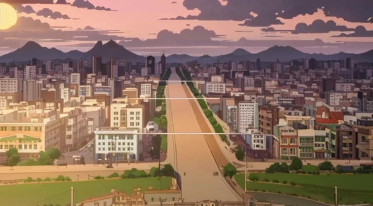 Cityscape with many buildings and many trees, Rio de Janeiro in an animated film, Small town background, Screenshot of the animated movie, attack on titan scenery, Victorian city, anime style cityscape, hd anime cityscape, Screenshots from the 2012 animation, Panoramic view of the whole city, Downtown background, gaslight fantasy capital city