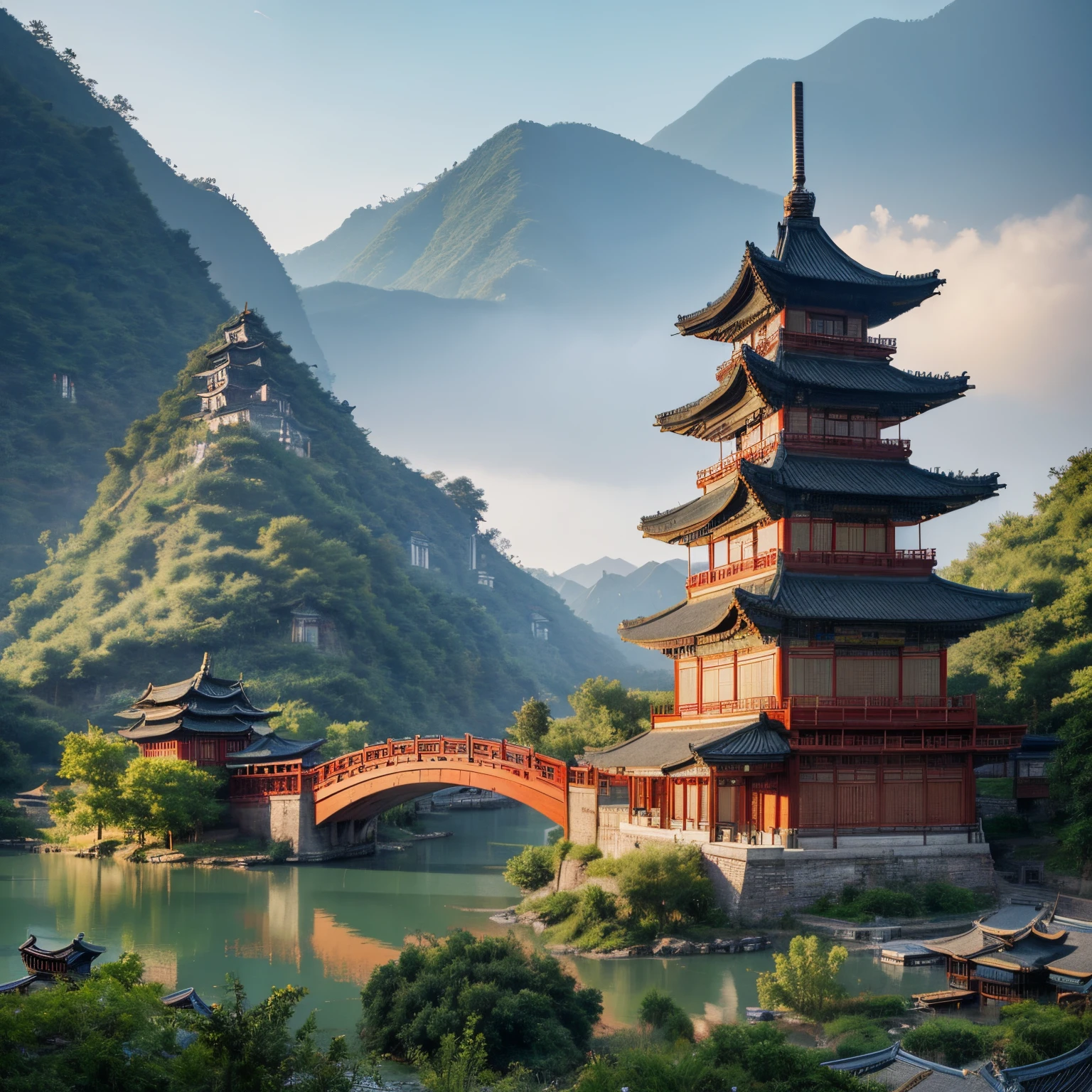 painting of a chinese village，There is a bridge over the river, Tran Ross. scenery background, digital painting of a pagoda, Cyberpunk ancient Chinese castle, Dream China Town, highly detailed digital painting, very detailed digital painting, detailed scenery —width 672, Wallop and Teran Ross, 4K detailed painting, detailed digital concept art, Advanced digital art