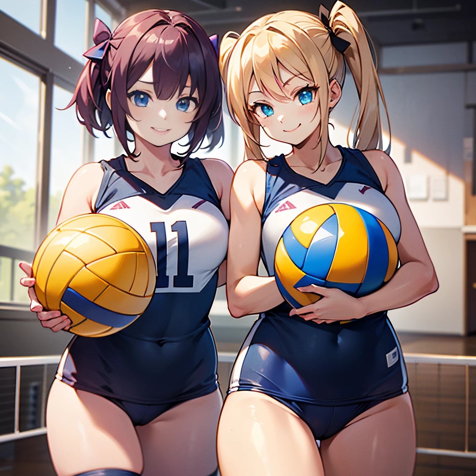 unity 8k wallpaper, anatomically correct, (((masterpiece))), (((best quality))), (((ultra detailed))), (((high-resolution))), ((super fine illustration)), ((Ultimate cutie)), detailed beautiful face, shiny hair, 18 years old, (potbelly), (curvy), medium breasts, ((Thick thighs)), sleeveless volleyball uniform, ((buruma)), ((knee pad)), (elbow pad), ((hold volleyball)), ((hold a 6-inch volleyball)), cowboy shot, in volleyball court, in school gymnasium, 
BREAK, 2girls_A_and_B, A girl_have_{{blond twintails}}_{hair bow}_hotpink eyes_{{happy}}_{smile}, 
BREAK, B girl_have_{black short hair}_ {hair bow}_{{{blue eyes}}}_{{{smirk}}}