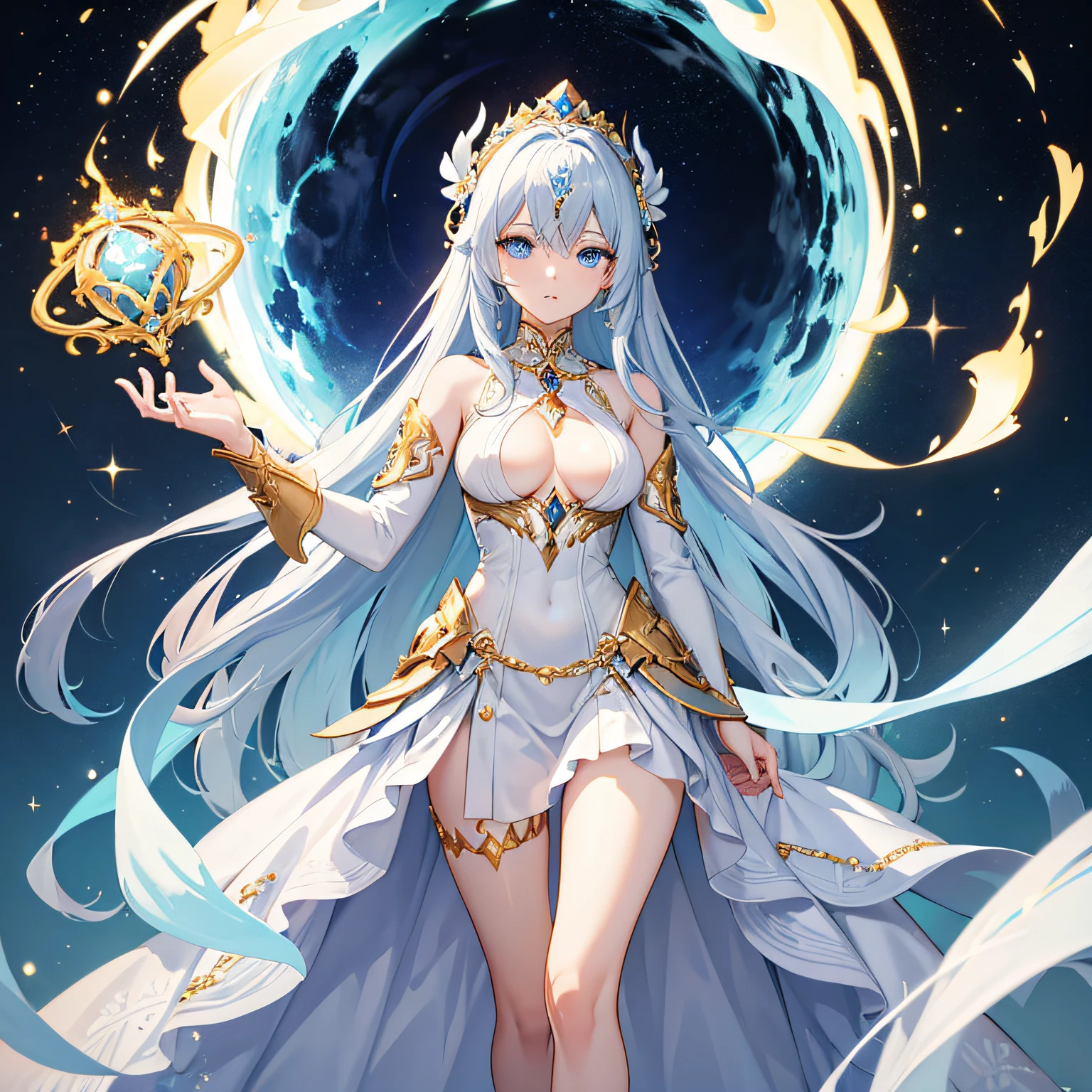Powerful goddess,looking straight into the camera,blue eyes,cold expression,holding the earth,white beautiful meadium length skirt intricate lacing dress along with gold jewlery,small boobs,standing grasefully,honkai impact